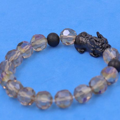 Chuỗi tay Tỳ Hưu inox 2 Bi Mix Pha Lê Xám Nâu cắt giác VFLGXMNTHEHB10 - Chuỗi tay Tỳ Hưu Phong Thủy