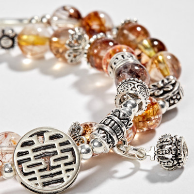 Vòng 2 Line Thạch Anh Ưu Linh Tóc Phối Charm Vương Miệng Bạc (6mm) Ngọc Quý Gemstones