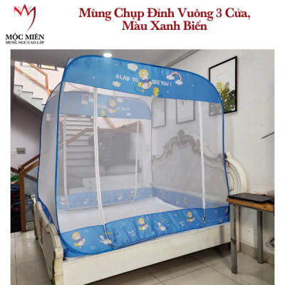 Màn Chụp , Mùng Chụp Đỉnh Vuông Cao Cấp Mộc Miên - Kích Thước 1,6mx2m ( Trắng Viền Xanh )