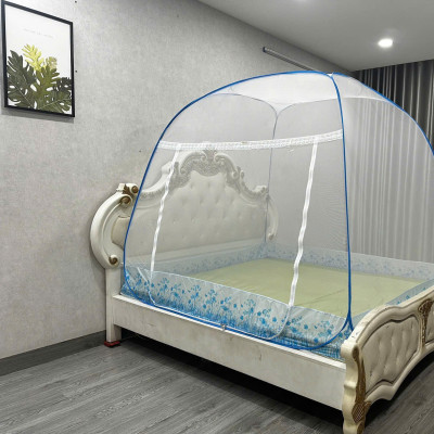 Màn Chụp , Mùng Chụp Tự Bung Cao Cấp Mộc Miên Đỉnh Rộng - Hoạ Tiết Hoa Lá Trắng Viền Xanh ( Hà Nội )