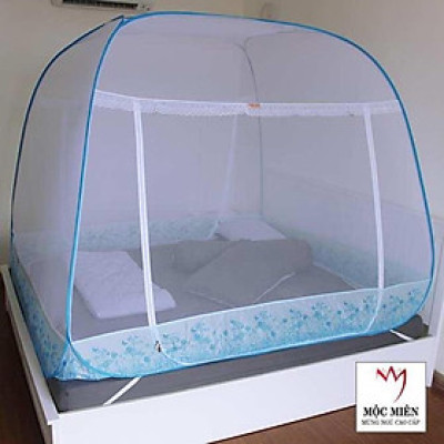 Màn Chụp , Mùng Chụp Tự Bung Cao Cấp Mộc Miên Đỉnh Rộng - Hoạ Tiết Hoa Lá Trắng Viền Xanh ( Hà Nội )