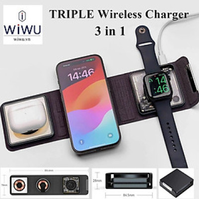 WIWU Triple Wireless Charger 3 in 1 – Đế sạc nhanh gập gọn cho 3 thiết bị cùng lúc , trong suốt lộ cơ cực chất - Hàng chính hãng