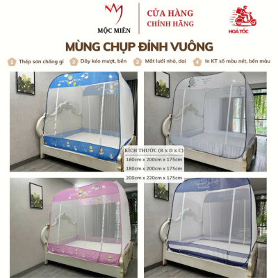 Màn Chụp , Mùng Chụp Đỉnh Vuông Cao Cấp Mộc Miên - Kích Thước 1,6mx2m ( Trắng Viền Xanh )
