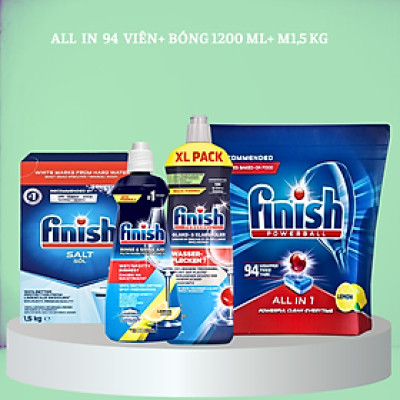 COMBO FINISH: Viên rửa bát Finish All in one 100 viên + Muối Finish 1.2kg + Nước làm bóng Finish 1150ml