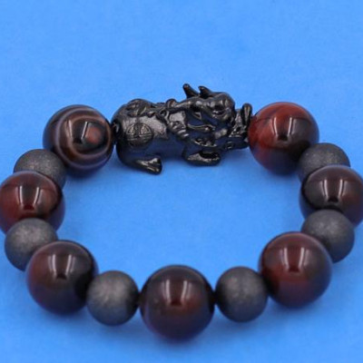 Vòng Tỳ Hưu inox charm Thạch Anh Nâu size 16 ly phối 6 bi - hợp mệnh Thổ, mệnh Kim - Vòng size XXL