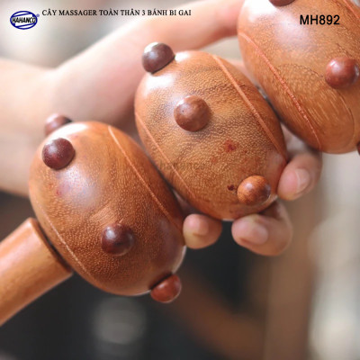 Cây lăn Massage toàn thân 3 bánh bi gai bằng gỗ Bách Xanh thơm (MH892) chăm sóc sức khỏe - giảm căng thẳng mệt mỏi