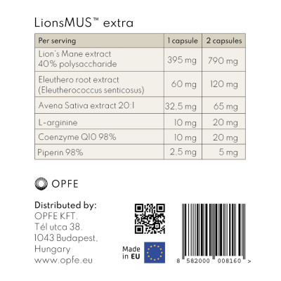 Thực phẩm BVSK OPFE LionsMUS extra capsules (120 viên), Hungary (Nấm Bờm Sư Tử)