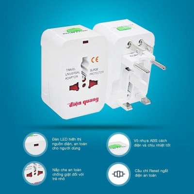 Ổ cắm du lịch Điện Quang ĐQ ESK TV01 -  Lỗ cắm chuẩn quốc tế, thích hợp mọi chân cắm. Nhỏ gọn, dễ mang theo. BH 12 tháng