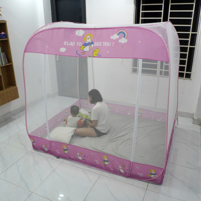 Màn Chụp , Mùng Chụp Cao Cấp Mộc Miên Đỉnh Vuông - Kích Thước 1,8mx2m ( Trắng Viền Hồng )