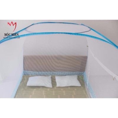 Màn Chụp Cao Cấp Mộc Miên Đỉnh Rộng - Kích Thước 1,6mx2m Hoạ Tiết Trắng Viền Xanh