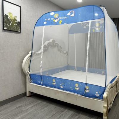 Màn Chụp Tự Bung Đỉnh Vuông Cao Cấp Mộc Miên - Màu Trắng Viền Xanh ( Hình thật )