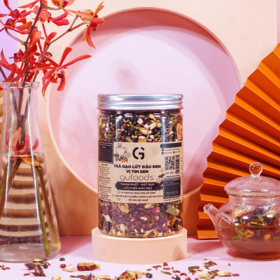 Trà gạo lứt đậu đen vị Tim sen GUfoods (hũ 500g) - Thư giãn tinh thần, Thanh nhiệt, Mát gan, Cải thiện giấc ngủ, Thanh lọc cơ thể