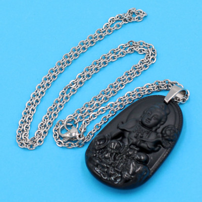 Vòng cổ Phổ Hiền Bồ Tát - thạch anh đen 3.6cm DITTEB2 - dây inox bạc - tuổi Thìn, Tỵ