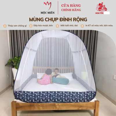Màn Chụp Cao Cấp Mộc Miên Đỉnh Rộng - Hoạ Tiết Xanh Xám Phi Hành Gia - Kích thước 1,6mx2m - 2 cửa ( Hà Nội )
