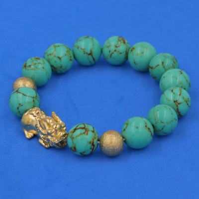 Chuỗi đeo tay San Hô Xanh Ngọc Sọc 12 ly - cẩn Tỳ Hưu Phong Thủy inox vàng VSHXLSTHHBV12