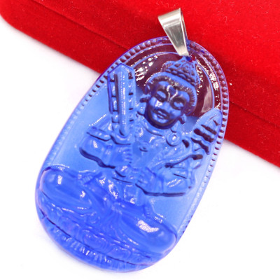 Mặt phật Hư Không Tạng thủy tinh xanh dương 3.6cm - phật bản mệnh tuổi Sửu, Dần - Móc inox