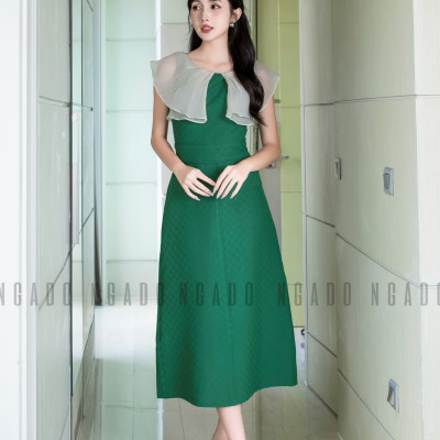 Đầm xanh phối voan kem NGADO , Đầm dự tiệc , Đầm dạo phố