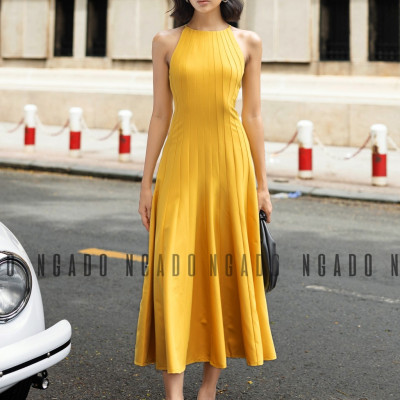 Đầm vàng cổ yếm NGADO, Đầm xòe hở vai, Đầm dự tiệc, Đầm dạo phố