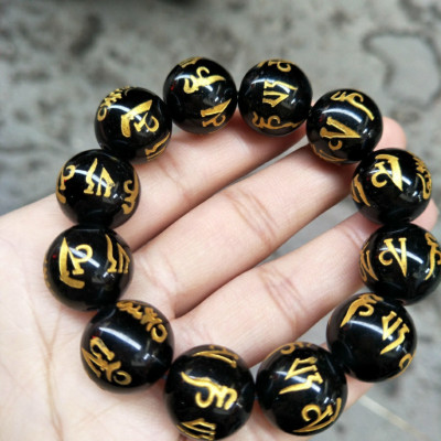 VÒNG TAY ĐÁ MÃ NÃO ĐEN KHẮC OM MANI PADME HUM 16 ly