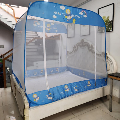 Màn Chụp , Mùng Chụp Cao Cấp Mộc Miên Đỉnh Vuông - Kích Thước 1,8mx2m ( Trắng Viền Xanh )