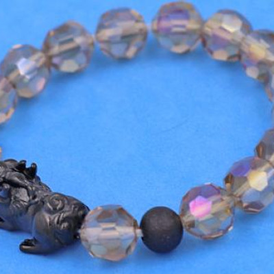 Chuỗi tay Tỳ Hưu inox 2 Bi Mix Pha Lê Xám Nâu cắt giác VFLGXMNTHEHB10 - Chuỗi tay Tỳ Hưu Phong Thủy