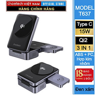 Đế sạc nhanh không dây 3 in 1 gấp gọn 15W Choetech T637 chuẩn Qi2 dùng cho điện thoại, tai nghe và đồng hồ thông minh - Hàng chính hãng)