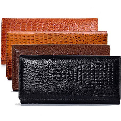 HJ3101-02-03-04 - Bóp nữ da thật vân cá sấu Huy Hoàng 2 gấp vân nhỏ màu da, đen, nâu, vàng bò