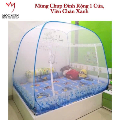 Màn Chụp , Mùng Chụp Tự Bung Cao Cấp Mộc Miên Đỉnh Rộng - Hoạ Tiết Hoa Lá Trắng Viền Xanh ( Hà Nội )