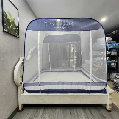 Màn Chụp , Mùng Chụp Cao Cấp Mộc Miên Đỉnh Vuông - Kích Thước 1,8mx2m ( Xanh Xám 3 Đường Kẻ ) 