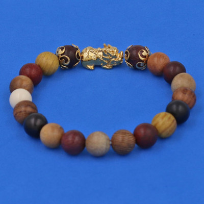 Chuỗi đeo tay Gỗ Đàn Hương 8 màu 8 ly - cẩn Tỳ Hưu Phong Thủy inox vàng VGDHMTHHKV8