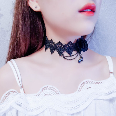 Vòng cổ ren vải hoa hồng đen bất đối xứng tiểu thư dạ tiệc