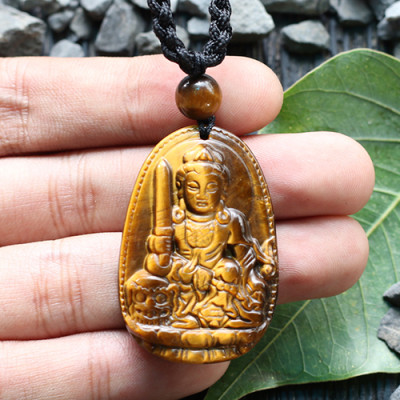 Mặt Dây Chuyền Văn Thù Bồ Tát Đá Mắt Hổ Ngọc Quý Gemstones GA97 (5 x 3 cm)