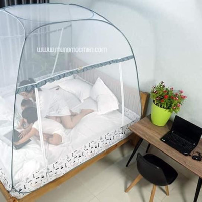 Màn Chụp Cao Cấp Mộc Miên Hoạ Tiết Xám Khủng Long - Kích thước 1,8mx2m - 2 cửa ( Hà Nội )