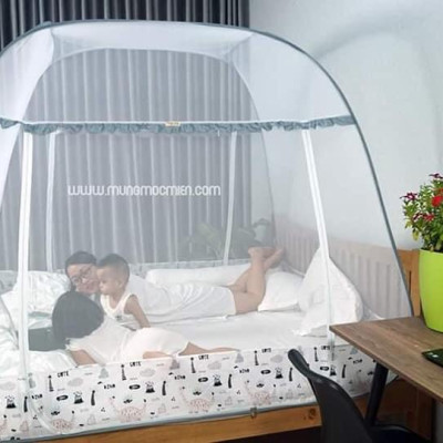 Màn Chụp Cao Cấp Mộc Miên Hoạ Tiết Xám Khủng Long - Kích thước 1,8mx2m - 2 cửa ( Hà Nội )