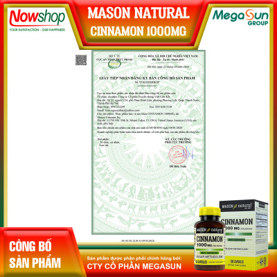 Cinnamon 1000mg Mason Natural Hộp 100 viên ổn định đường huyết hỗ trợ tiểu đường từ Quế nguyên chất