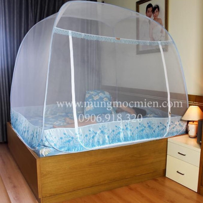 Màn Chụp , Mùng Chụp Tự Bung Cao Cấp Mộc Miên Đỉnh Rộng - Hoạ Tiết Hoa Lá Trắng Viền Xanh ( Hà Nội )