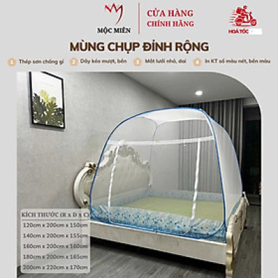 Màn Chụp , Mùng Chụp Cao Cấp Mộc Miên Đỉnh Rộng - Kích Thước 1,4mx2m ( Trắng Viền Xanh )