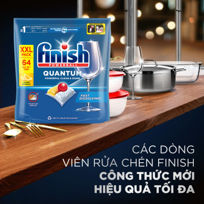 Combo Finish nâng cao 3:Viên Rửa Chén Bát Finish Powerball Quantum 64 viên + Nước làm bóng 500ml + Dung dịch vệ sinh máy