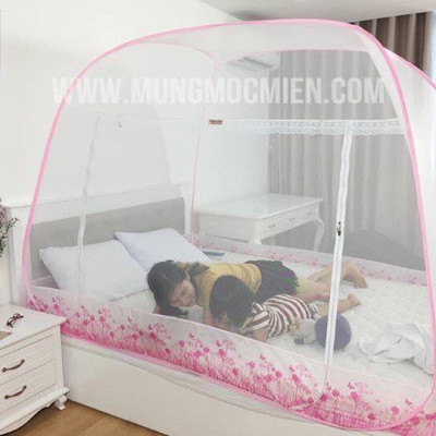 Màn Chụp , Mùng Chụp Cao Cấp Mộc Miên Đỉnh Rộng - Kích Thước 1,8mx2m Hoạ Tiết Hoa Lá Trắng Viền Hồng ( Hà Nội )