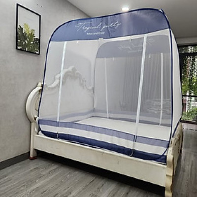 Màn Chụp ,Mùng Chụp Cao Cấp Mộc Miên Đỉnh Vuông - Kích Thước 1,6mx2m ( Xanh Xám 3 Đường Kẻ )