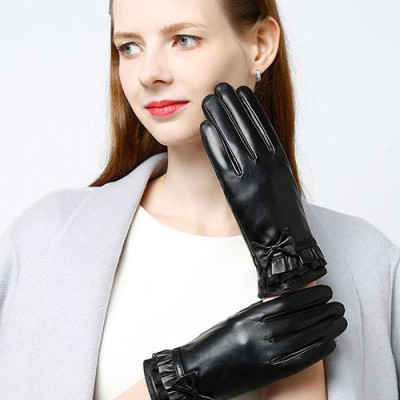 Găng tay nữ da cừu phối nơ nữ tính - BHY8714 Bao tay nữ mùa đông, lót lông, giữ ấm, cản gió, chống nước, cảm ứng điện thoại.