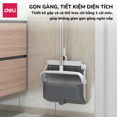 Bộ chổi quét nhà kèm xẻng hót rác gấp gọn Deli đa năng thông minh, màu trắng chất liệu nhựa cao cấp và thép không gỉ