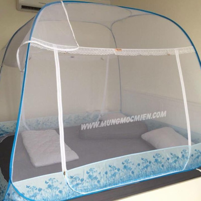 Màn Chụp , Mùng Chụp Tự Bung Cao Cấp Mộc Miên Đỉnh Rộng - Hoạ Tiết Hoa Lá Trắng Viền Xanh ( Hà Nội )