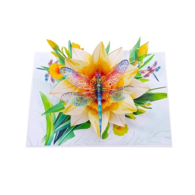 Thiệp 3D Chuồn Chuồn & Hoa Thủy Tiên Vàng – Thiệp Pop Up Nghệ Thuật, Độc Đáo, Sang Trọng, F51