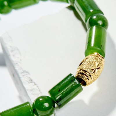 Vòng Tay Phong Thủy Nữ Đá Ngọc Bích Đốt Trúc Phối Charm Mạ Vàng 24K (7mm) Mệnh Mộc, Hỏa Ngọc Quý Gemstones