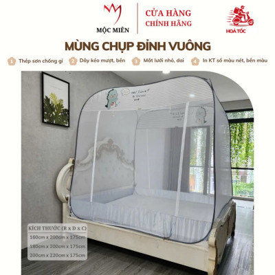 Màn Chụp , Mùng Chụp Cao Cấp Mộc Miên Đỉnh Vuông - Kích Thước 2,2mx2m ( Xám Khủng Long )