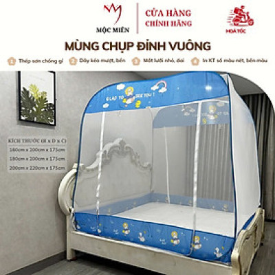 Màn Chụp , Mùng Chụp Đỉnh Vuông Cao Cấp Mộc Miên - Kích Thước 1,6mx2m ( Trắng Viền Xanh )