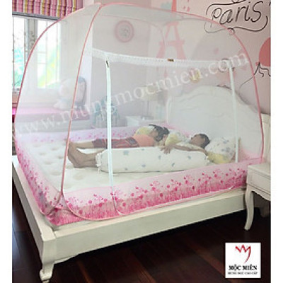 Màn Chụp , Mùng Chụp Cao Cấp Mộc Miên Đỉnh Rộng - Kích Thước 1,6mx2m Trắng Viền Hồng ( Hà Nội )