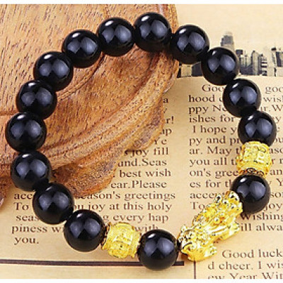 Vòng tay đá huyền thạch đen gắn tỳ hưu và charm may mắn cho Nam và Nữ