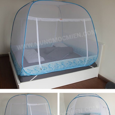 Màn Chụp , Mùng Chụp Cao Cấp Mộc Miên Đỉnh Rộng - Kích Thước 1,4mx2m ( Trắng Viền Xanh )